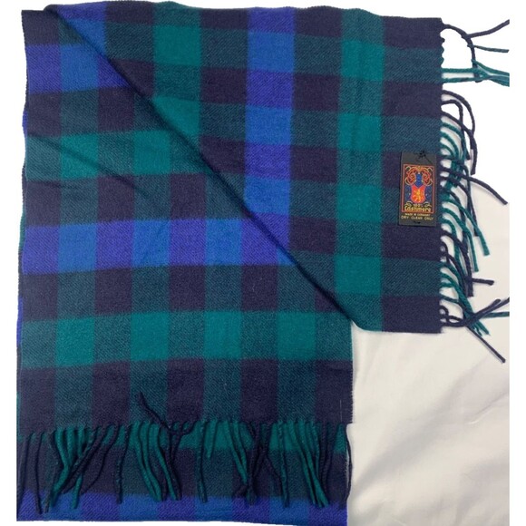 100% Cashmere Plaid Check Pattern Scarf Made in Germany Blue Green Winter Cozy - Picture 2 of 7